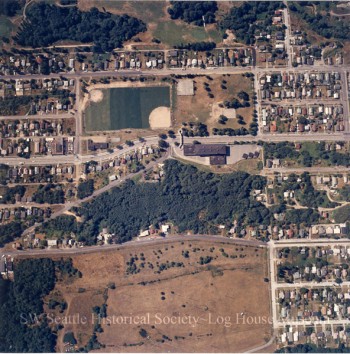 Aerial photo of the Delridge area, showing Cooper School, playfields, and surrounding housing. Circa 1975.